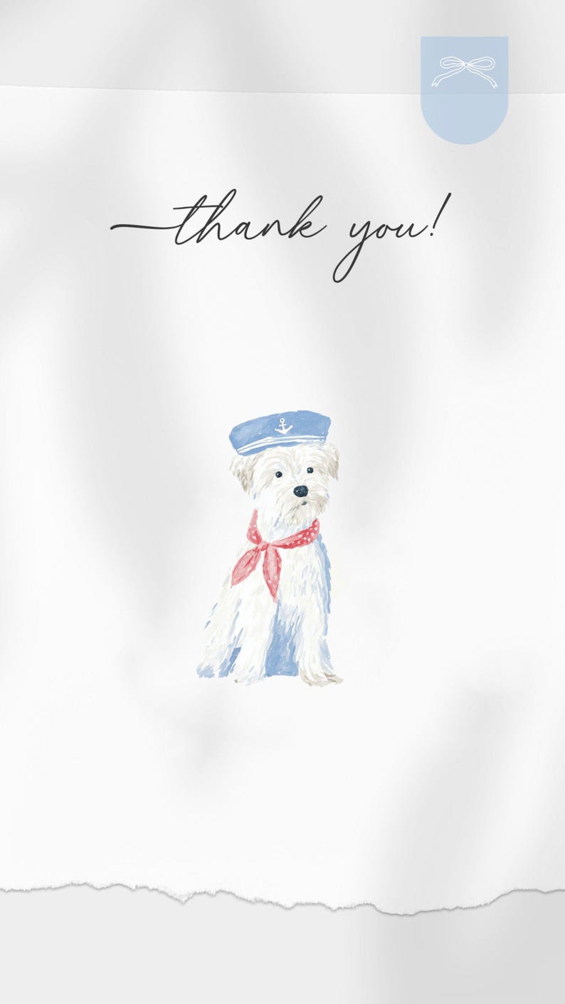 Puede incluir: Ilustraci&oacute;n en acuarela de un perro blanco con un gorro de marinero azul con un ancla y una bufanda roja de lunares. Las palabras "&iexcl;gracias!" est&aacute;n escritas en cursiva sobre un fondo blanco.
