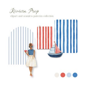 Preppy Coastal Clipart Watercolor Summer Retro Aesthetics Riviera Style Vacation Transparent PNG Commercial Use image 14