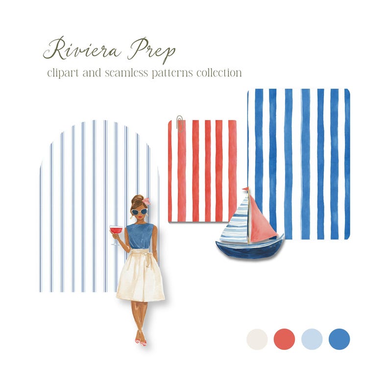 Preppy Coastal Clipart Watercolor Summer Retro Aesthetics Riviera Style Vacation Transparent PNG Commercial Use image 14