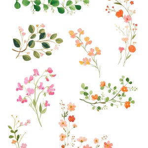 Op de afbeelding: Waterverf clipart met bloemstukken in roze, oranje en groen. De afbeelding bevat verschillende botanische elementen, zoals bladeren en bloemen, met de tekst "A Preppy Happy Hour" en "Whimsical Watercolor Clipart".