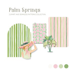 Pu&ograve; includere: Illustrazione ad acquerello con il testo "Palm Springs" e "Clipart and Seamless Patterns Collection". L'immagine presenta una donna con un cappello rosa, motivi floreali e a righe verdi e rosa e una piccola pianta.