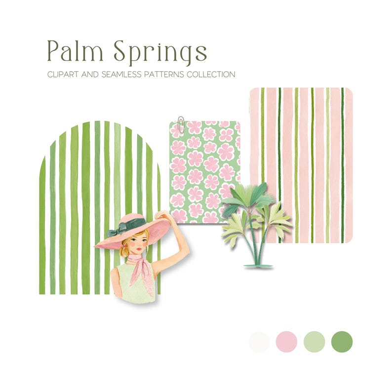 Pu&ograve; includere: Illustrazione ad acquerello con il testo "Palm Springs" e "Clipart and Seamless Patterns Collection". L'immagine presenta una donna con un cappello rosa, motivi floreali e a righe verdi e rosa e una piccola pianta.