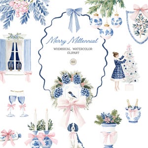 Puede incluir: Clipart de acuarela con temática navideña con detalles en azul y rosa. La imagen incluye una corona, adornos, una ventana, un perro y una mujer decorando un árbol. El texto dice "Merry Millennial" y "Whimsical Watercolor Clipart".