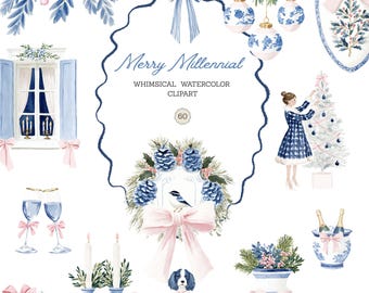 Chinoiserie kerst clipart, Grandmillennial preppy blauw roze feestelijke vakantie grillige aquarel graphics (PNG, commercieel gebruik)