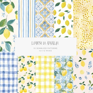 Amalfi Lemons Seamless Patterns Italian Citrus Yellow Blue Backgrounds Digital Papers Commercial Use