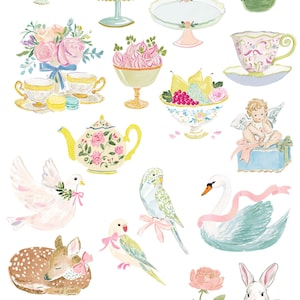 May include: Watercolor clipart featuring whimsical rococo designs. Includes cakes, teacups, birds, a swan, a deer, and a rabbit, all adorned with pastel colors and bows. The text "MADEMOISELLE" is at the top.