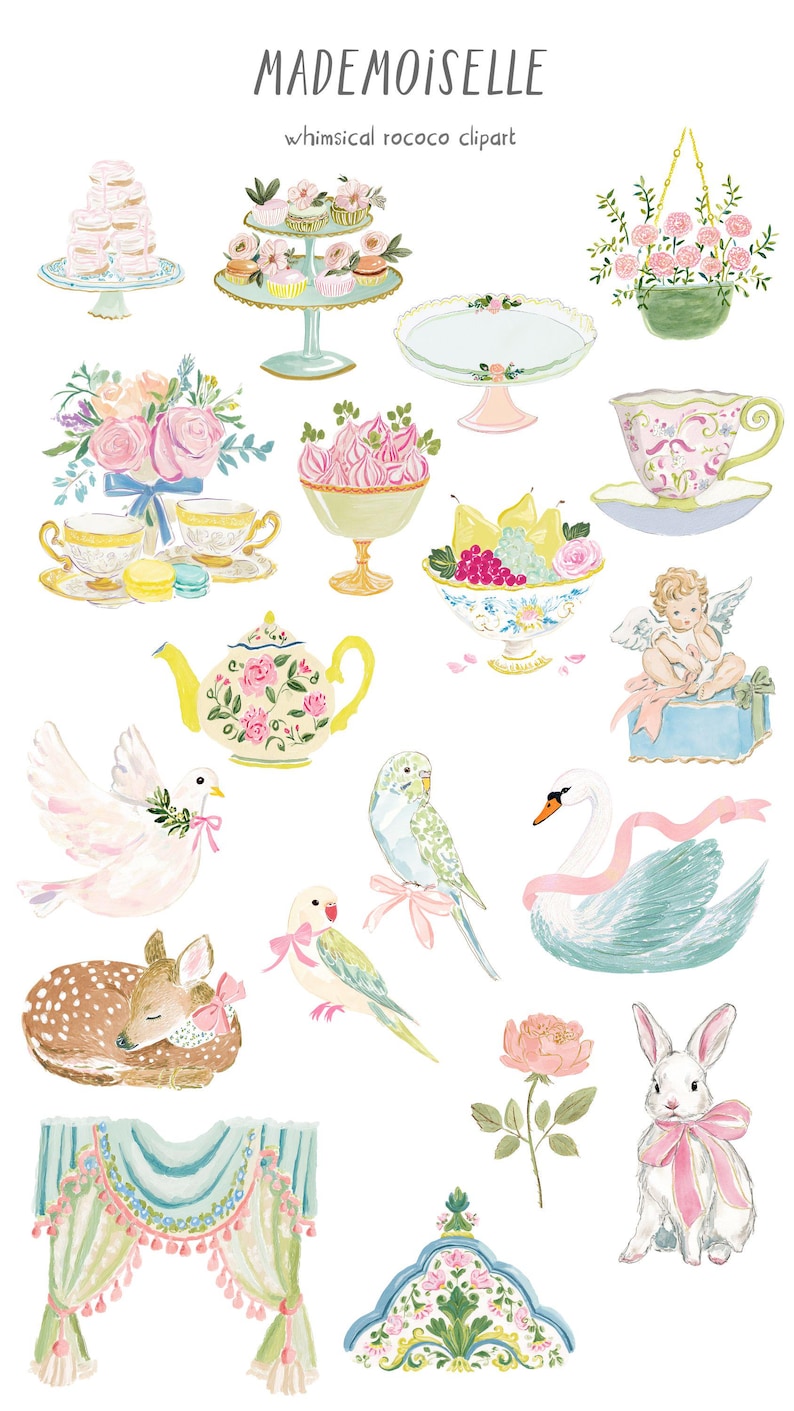 May include: Watercolor clipart featuring whimsical rococo designs. Includes cakes, teacups, birds, a swan, a deer, and a rabbit, all adorned with pastel colors and bows. The text "MADEMOISELLE" is at the top.