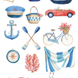 Preppy Coastal Clipart Watercolor Summer Retro Aesthetics Riviera Style Vacation Transparent PNG Commercial Use image 5