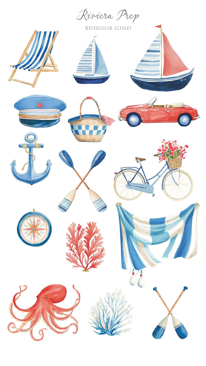 Preppy Coastal Clipart Watercolor Summer Retro Aesthetics Riviera Style Vacation Transparent PNG Commercial Use image 5