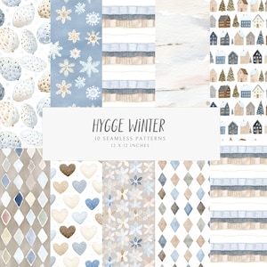 May include: A collection of ten seamless patterns with a winter theme. The patterns include snowflakes, houses, hearts, and geometric shapes in shades of blue, beige, and white. The text "Hygge Winter" is displayed, along with the dimensions of 12 x 12 inches.