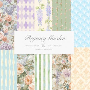 May include: A collection of ten watercolor seamless patterns. The patterns include floral designs, geometric shapes, and stripes in pastel colors such as lavender, peach, and light blue. The text "Regency Garden" is displayed on a white rectangle.