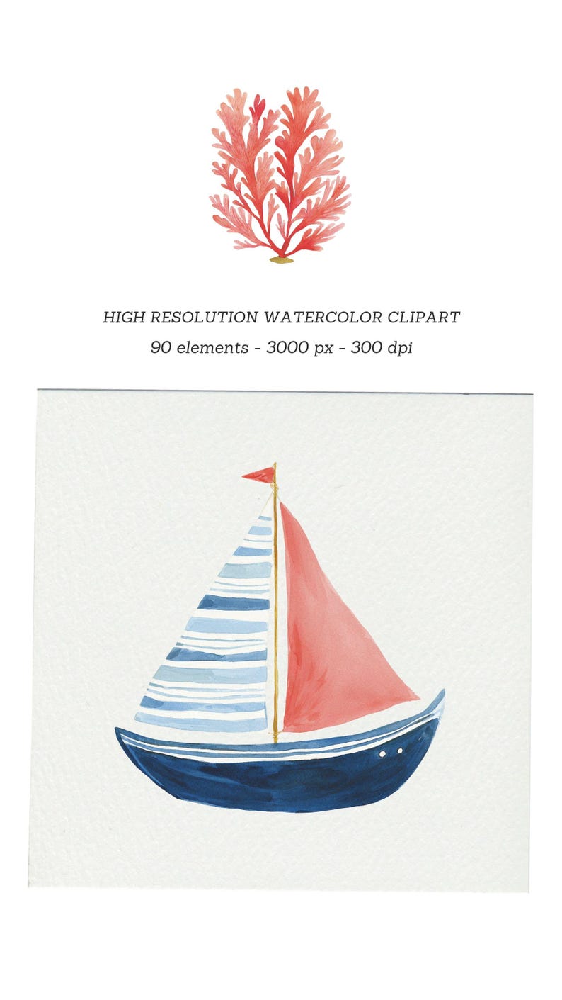 Preppy Coastal Clipart Watercolor Summer Retro Aesthetics Riviera Style Vacation Transparent PNG Commercial Use image 11