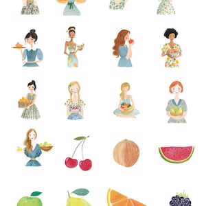 May include: Watercolor clipart titled "THE FRUIT EDIT" featuring illustrations of women with fruit and individual fruit images. The women are depicted holding or surrounded by various fruits, including apples, cherries, and oranges. The style is soft and colorful.