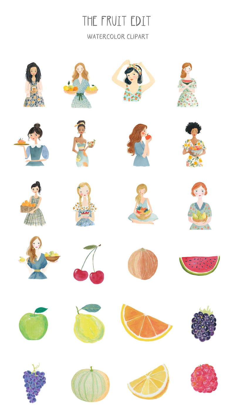May include: Watercolor clipart titled "THE FRUIT EDIT" featuring illustrations of women with fruit and individual fruit images. The women are depicted holding or surrounded by various fruits, including apples, cherries, and oranges. The style is soft and colorful.