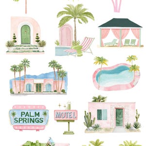 Pu&ograve; includere: Clipart ad acquerello con illustrazioni a tema Palm Springs. Include palme, un sole sorridente, un'insegna di motel rosa, un'auto cabriolet rosa e edifici moderni della met&agrave; del secolo. Misure in cm.