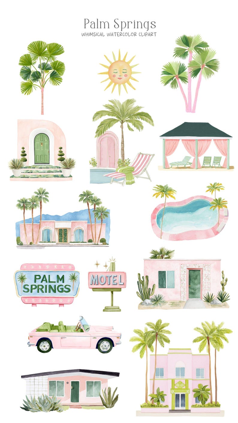 Pu&ograve; includere: Clipart ad acquerello con illustrazioni a tema Palm Springs. Include palme, un sole sorridente, un'insegna di motel rosa, un'auto cabriolet rosa e edifici moderni della met&agrave; del secolo. Misure in cm.