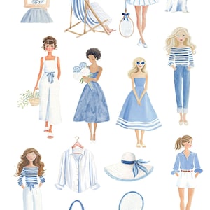 Puede incluir: Ilustraci&oacute;n en acuarela titulada "In the Hamptons" que presenta varios art&iacute;culos de moda y figuras en tonos azules y blancos. Incluye vestidos, una raqueta de tenis, gafas de sol, un perro y una silla de playa. El tema general es el verano y el ocio.