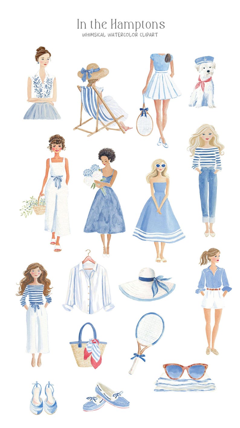 Puede incluir: Ilustraci&oacute;n en acuarela titulada "In the Hamptons" que presenta varios art&iacute;culos de moda y figuras en tonos azules y blancos. Incluye vestidos, una raqueta de tenis, gafas de sol, un perro y una silla de playa. El tema general es el verano y el ocio.