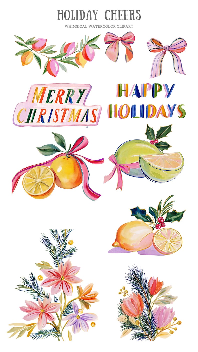 Op de afbeelding: Een verzameling aquarelillustraties met citrusvruchten, roze linten, hulst, kerststerren en dennentakken. Tekstelementen zijn onder meer "HOLIDAY CHEERS", "WHIMSICAL WATERCOLOR CLIPART", "MERRY CHRISTMAS" en "HAPPY HOLIDAYS" in kleurrijke letters.