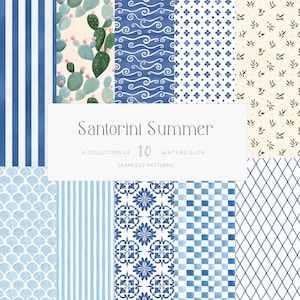 May include: A selection of ten watercolour seamless patterns in blue, white, and green. The patterns feature stripes, floral motifs, and geometric designs. The text "Santorini Summer" is displayed on a white rectangle.