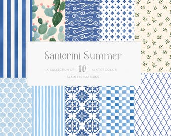Santorini Seamless Pattern Mediterranean Blue White Coastal Greek Tile Summer Digital Paper