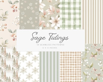 Sage Green Christmas Seamless Patterns: Watercolor Cottagecore Pastel Gingham Digital Papers, Commercial Use