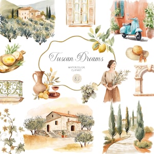 Toscana Clipart Akvarell Italiensk Landsbygd Dolce Vita Sommarbröllopsgrafik PNG Kommersiellt Bruk