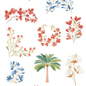 May include: Watercolor clipart featuring various floral arrangements, including white, red, and blue flowers, along with a palm tree illustration. The text "Riviera Prep WATERCOLOR CLIPART" is at the top.