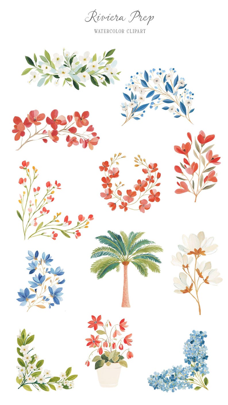 May include: Watercolor clipart featuring various floral arrangements, including white, red, and blue flowers, along with a palm tree illustration. The text "Riviera Prep WATERCOLOR CLIPART" is at the top.