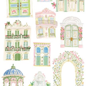 May include: Watercolor clipart featuring whimsical rococo designs. The image includes illustrations of doors, windows, buildings, fountains, a carriage, and an archway, all in pastel colors with floral accents. Text at the top reads "MADEMOISELLE whimsical rococo clipart."