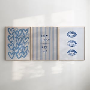 Trendy Blue Wall Art Set of 3, How Lucky Are We Print, Coastal Preppy Aesthetic, Trendy Posters, Digital Wall Art, Girly Dorm Room Decor