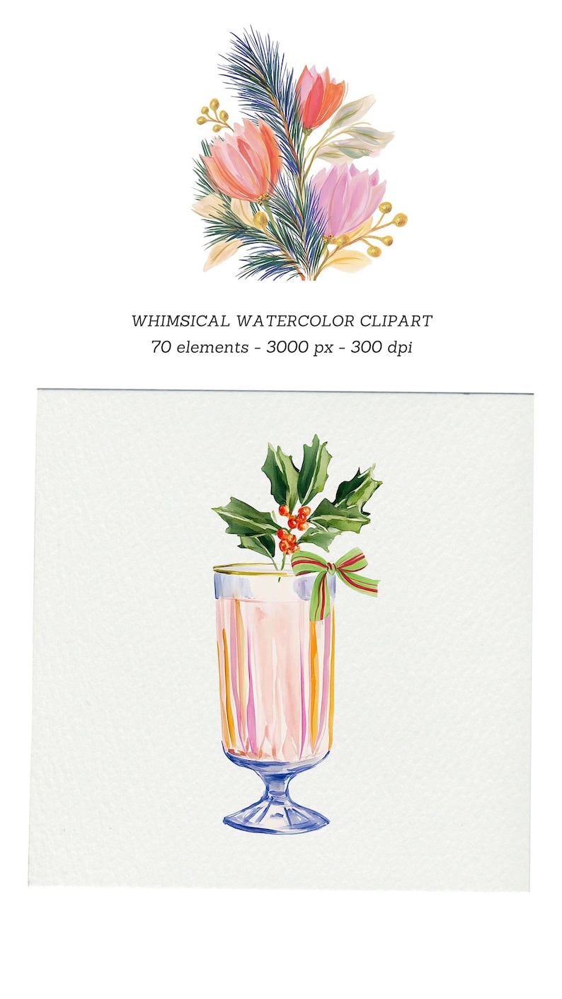 Op de afbeelding: Een aquarelillustratie van een hoog, geribbeld glas gevuld met een lichtroze vloeistof, gegarneerd met een takje hulst met groene bladeren, rode bessen en een klein groen-rood gestreept strikje, tegen een effen witte achtergrond.