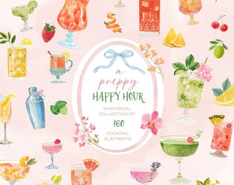 Watercolor Cocktails Clipart Bundle Whimsical Preppy Alcohol Drinks Wedding Menu Commercial Use PNG