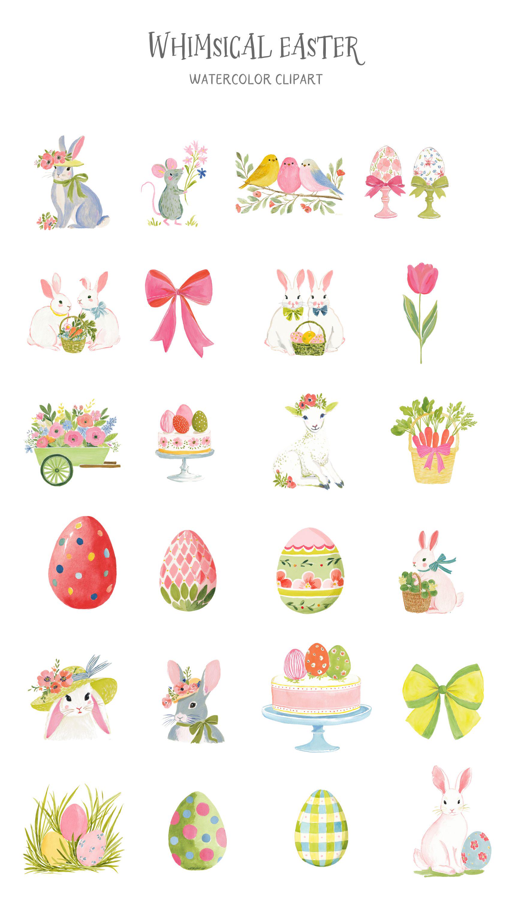 Easter Clipart Watercolor Eggs Bunnies Flowers Colorful Pastel Spring ...