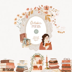 Puede incluir: Ilustración en acuarela con un marco ovalado, el texto "October POEMS" y "115 elementos de acuarela caprichosos." Una mujer lee un libro. También se representan libros, flores y una taza de té.