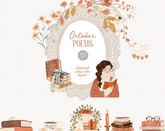 Imágenes prediseñadas de libros antiguos, acuarela Poetcore, amante de los libros, otoño, chica lectora, PNG, pegatinas para agenda, gráficos de biblioteca de lectura