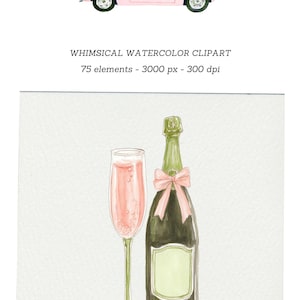 Pu&ograve; includere: Illustrazione ad acquerello con un'auto cabriolet rosa, una bottiglia di champagne con un fiocco rosa e un calice di champagne pieno di una bevanda rosa. &Egrave; presente anche il testo "WHIMSICAL WATERCOLOR CLIPART".