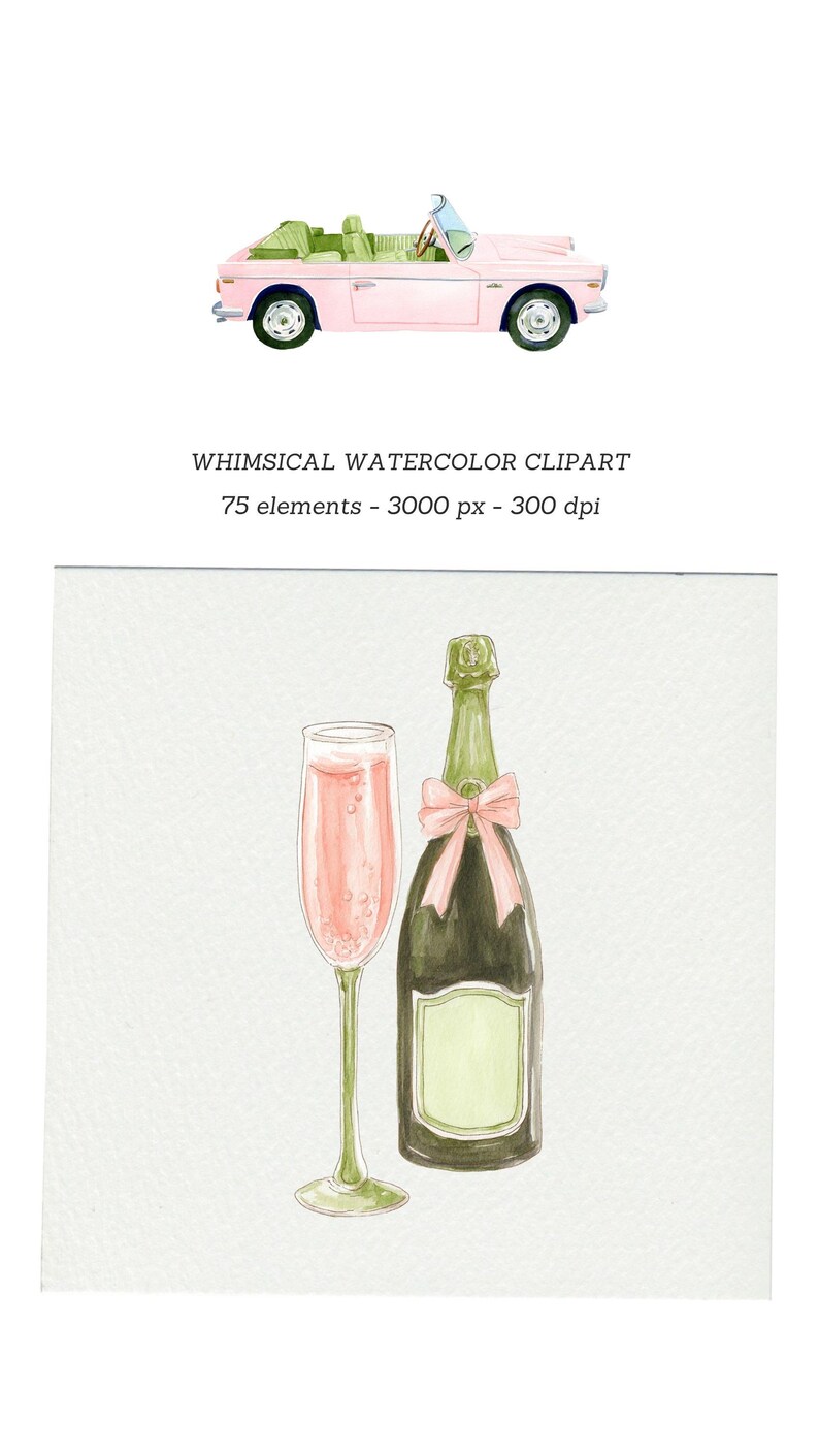 Pu&ograve; includere: Illustrazione ad acquerello con un'auto cabriolet rosa, una bottiglia di champagne con un fiocco rosa e un calice di champagne pieno di una bevanda rosa. &Egrave; presente anche il testo "WHIMSICAL WATERCOLOR CLIPART".
