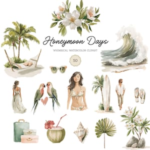 May include: Watercolor clipart set featuring a tropical theme. Includes illustrations of a beach scene with a hammock, palm trees, a wave, and a couple. Also includes a coconut drink, sunglasses, and floral arrangements. The text "Honeymoon Days" is visible.