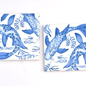 Koi Coasters Japandi Traditional Japanese Fish Illustrated Set Blue Ceramic Best Hostess Housewarming Handmade Gift Zen Asian Stylish image 2