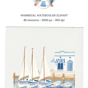 Puede incluir: Clipart de acuarela con tem&aacute;tica n&aacute;utica. La imagen incluye un salvavidas, veleros, un muelle y un edificio con detalles en azul y blanco. El texto dice "WHIMSICAL WATERCOLOR CLIPART".
