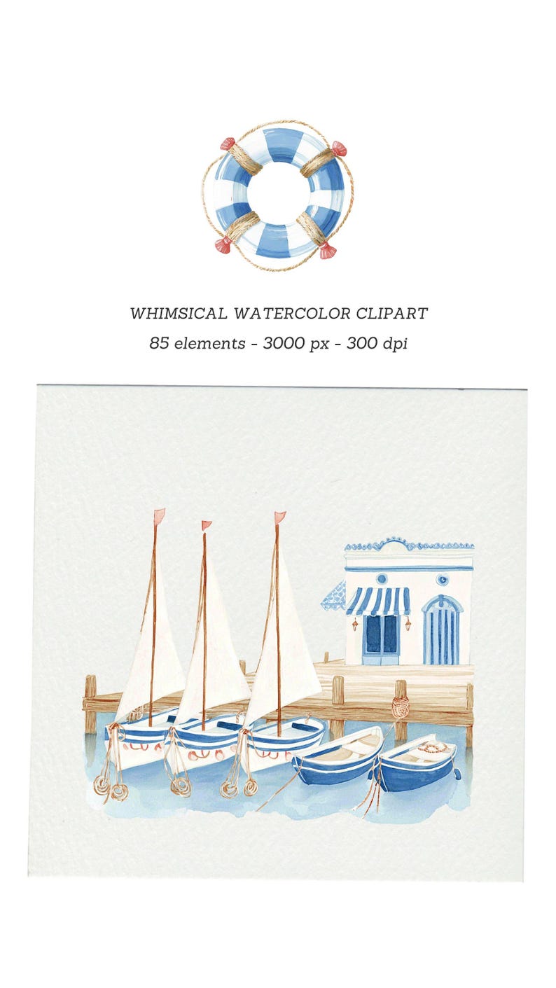 Puede incluir: Clipart de acuarela con tem&aacute;tica n&aacute;utica. La imagen incluye un salvavidas, veleros, un muelle y un edificio con detalles en azul y blanco. El texto dice "WHIMSICAL WATERCOLOR CLIPART".