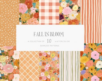 Floral Fall Seamless Patterns, Autumn Flowers Digital Paper, Retro Whimsical Colorful Backgrounds, Floral Scrapbook Seamless Textures