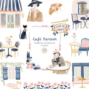 Könnte beinhalten: Aquarellillustration einer Pariser Cafészene. Das Bild zeigt Cafétische, Stühle, ein Croissant mit rosa Schleife, eine schwarze Katze und Frauen mit Hüten. Der Text "Café Parisien" ist ebenfalls enthalten.
