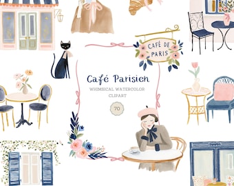 Imágenes prediseñadas de cafetería vintage, estilo parisino retro y elegante en tonos azul marino y rosa, PNG para uso comercial