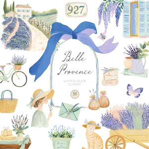 May include: Watercolor clipart featuring a Belle Provence theme. The image includes lavender fields, a bicycle, a cat, a woman with a hat, and the text "Belle Provence". Other elements include a blue ribbon, a butterfly, and a wooden cart.