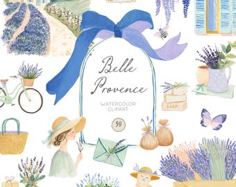 French Provence Clipart Lavender Farm Flowers Whimsical Watercolor Graphics PNG Commercial Use