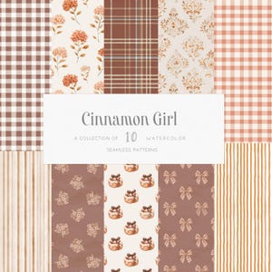 May include: A digital collection of 10 watercolour seamless patterns titled Cinnamon Girl, featuring brown and cream designs including gingham, plaid, damask, floral, stripes, bows, and cinnamon rolls in a repeating grid layout.