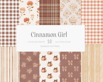 Cozy Autumn Seamless Patterns, Watercolor Vintage Fall Whimsical Florals Plaid Coquette Digital Paper Commercial Use