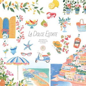May include: Watercolor clipart featuring Italian summer themes. Includes a beach scene with umbrellas, a scooter, a swimsuit, and the text "La Dolce Estate". Also includes lemons, figs, and a bottle of Aperol.